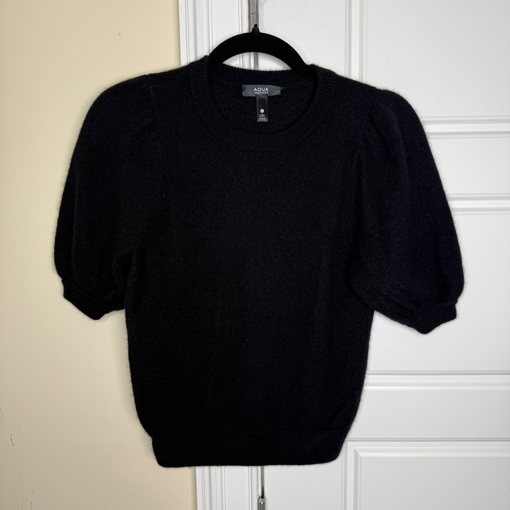 Aqua Cashmere Sweater Womens Small Black Puff Short Sleeve Crew Neck Soft Knit